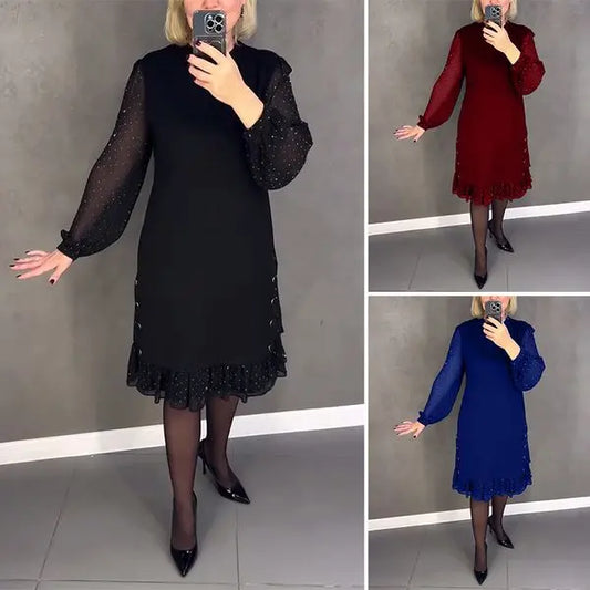 🔥Round neck dresses with plain rhinestones for women