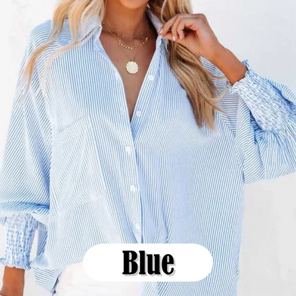 🏆 80K+ SOLD!⚡🏆️Mid-length smocked shirt with striped lapel and oversized drawdown sleeves