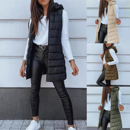 ⏰49% OFF🔥Long puffer vest for women 👗 | Solid color | Sleeveless | With hood | Winter clothing 💕