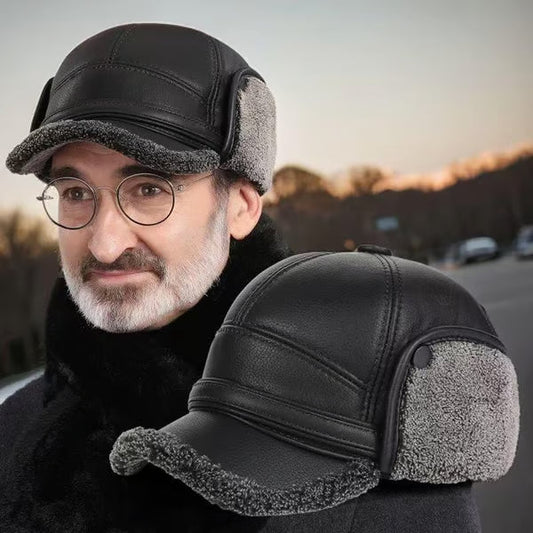 New Men's Winter Hat with Sheepskin Flat Top Earmuffs