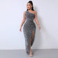 💃Christmas Gift 49% OFF!!💋Women's Glitter Sequins One Shoulder Ruched Split Thigh Bodycon Dress