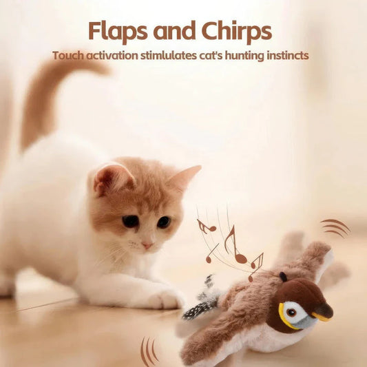 😻Realistic Sparrow Cat Toy – Rechargeable Chirping & Flapping Bird🐦
