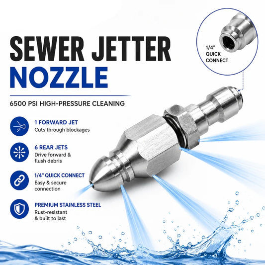 🔧 High-Pressure Drain Cleaning Nozzle – 6500 PSI Stainless Steel Sewer Jetter with 1 Forward & 6 Rear Jets