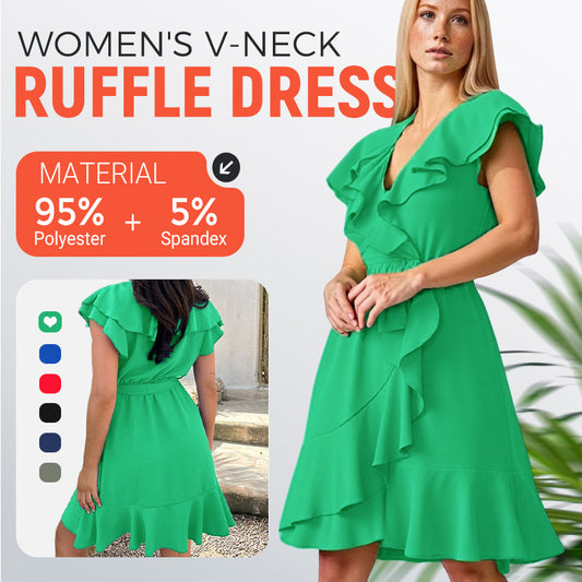 Women's Elegant Waist Tie V-Neck Ruffle Dress