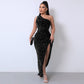 💃Christmas Gift 49% OFF!!💋Women's Glitter Sequins One Shoulder Ruched Split Thigh Bodycon Dress