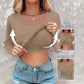 ⏰Last Day 50% OFF🍂Womens U-Neck Built-in Bra Long Sleeve Ribbed Top