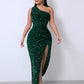 💃Christmas Gift 49% OFF!!💋Women's Glitter Sequins One Shoulder Ruched Split Thigh Bodycon Dress