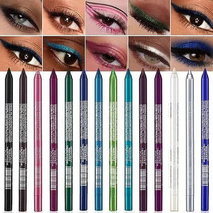💥World Famous 5x Sold Out🔥🌈14-Pack Waterproof Colored Gel Eyeliner Pencil – Metallic & Shimmer Finishes, Smudge-Proof（Pencil sharpener color is random）