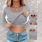 ⏰Last Day 50% OFF🍂Womens U-Neck Built-in Bra Long Sleeve Ribbed Top