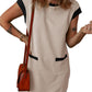 💥2025 New Women's Casual Cap Sleeve Color Block Shift Tshirt Dress With Pockets