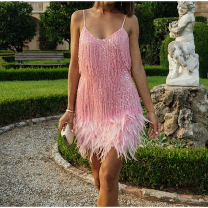 ✨🪩Women's Feather Fringe Sequin Spaghetti Strap Dress🥂