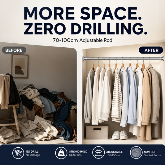 🔥50% off limited time！🥼👚 Create storage space anywhere anytime！Adjustable No-Drill Tension Rod