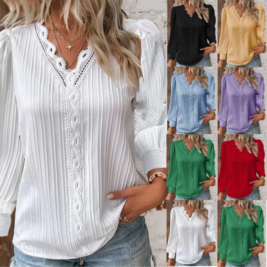 🎁2026 New Year Hot Sale🎁Women's Long Sleeve V-Neck Lace Loose Shirt