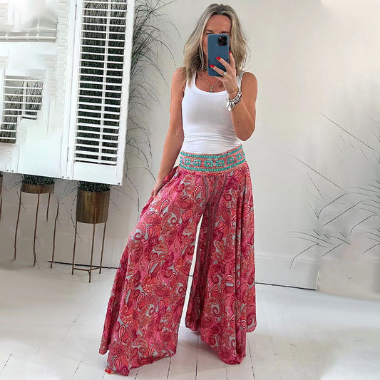 Lightweight trousers with ethnic print, elastic waist