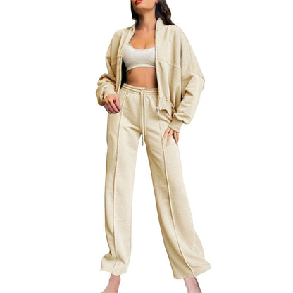 Women's Long Sleeve Zip Coat Drawstring Sweatpants 2-Piece Sets