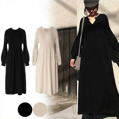 Women's Solid Color Knitted Long-sleeve Maxi Dress