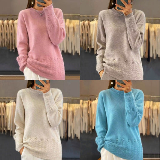 Women's Retro Solid Color Crewneck Knit Sweater