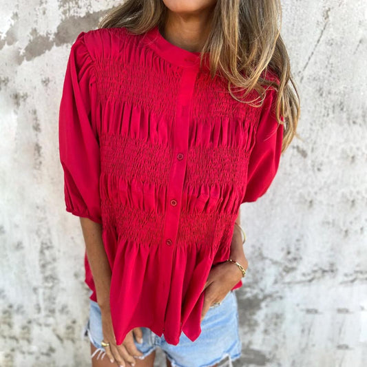 💐✨Women’s Casual Pleated Round-neck Button Shirt🔥