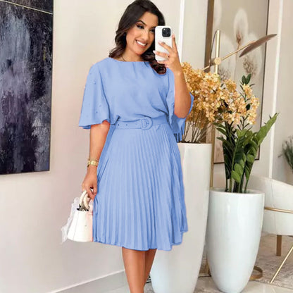 💙Elegant Round Neck Pleated Dress with Belt