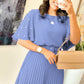 💙Elegant Round Neck Pleated Dress with Belt