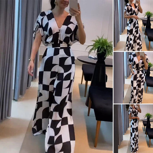 Women's V-Neck Wide Leg Jumpsuit with Geometric Print