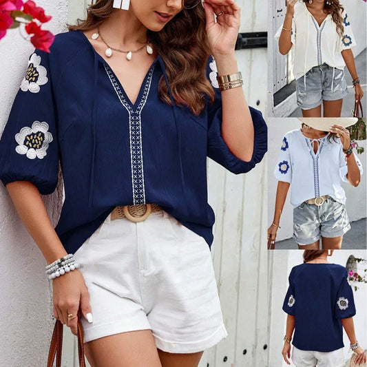 💝Limited Sale 49% OFF🔥Women's Elegant V-Neck Embroidered Floral Blouse