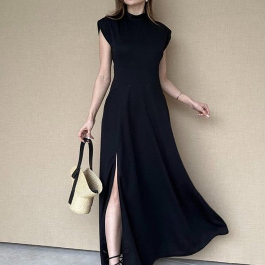 Solid Color Waist Cinching Sleeveless Slit Dress