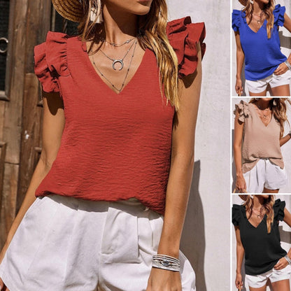 V-Neck Ruffle Sleeveless Stretch Top