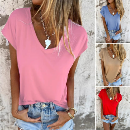 Simple Solid Color V-Neck Cap Sleeve Top
