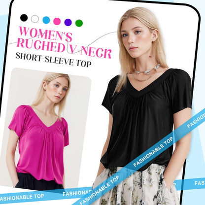 💖LAST DAY SALE 50% OFF💷✨Women's Casual Pleated V-Neck Short-Sleeve Top