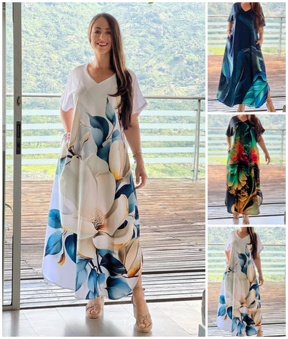 👗 Women's Loose Casual V-Neck Printed Short Sleeve Dresses