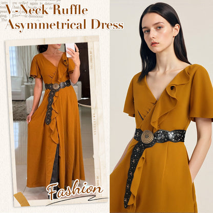 Women's V-Neck Ruffle Asymmetrical Dress