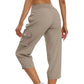 Women's Solid Color High-Waist Drawstring 3/4-Length Cargo Pants