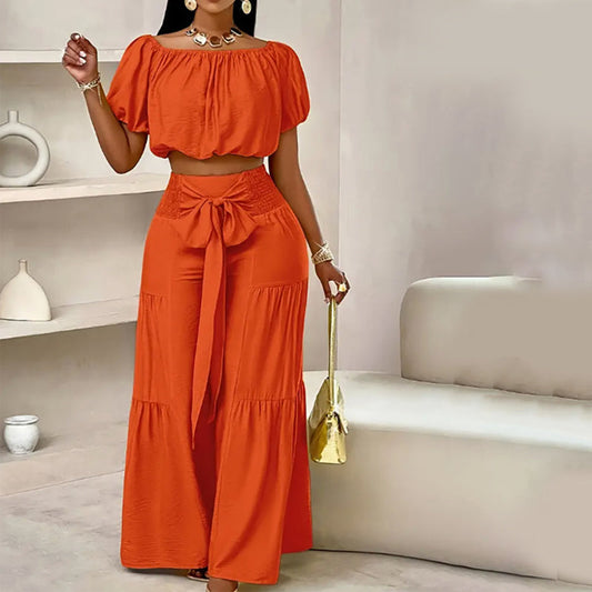 ☀️ 49% OFF NOW! 👗 Off-Shoulder Puff Sleeve Top & Wide-Leg Pants Set – Elegant Summer 2-Piece! 💃