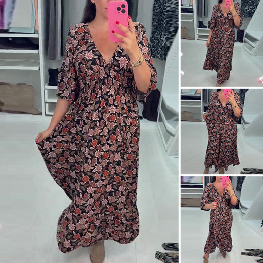💃Time-limited Special £17.98!!💝V-neck Printed Maxi Dress With 3/4 Sleeves