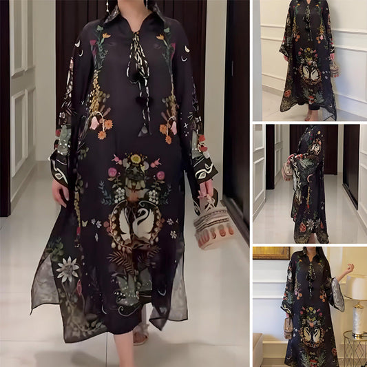 🔥Limited time sale🔥Women's loose long sleeve printed maxi dress with v-neck