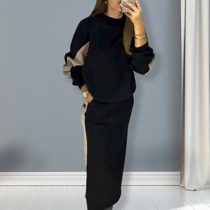 🎅Xmas Sales - 49% OFF🎄Loose Color Block Long Sleeve Top & Split Skirt Set
