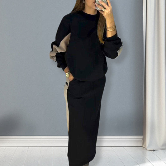 🎅Xmas Sales - 49% OFF🎄Loose Color Block Long Sleeve Top & Split Skirt Set