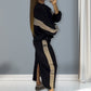 🎅Xmas Sales - 49% OFF🎄Loose Color Block Long Sleeve Top & Split Skirt Set