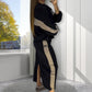 🎅Xmas Sales - 49% OFF🎄Loose Color Block Long Sleeve Top & Split Skirt Set