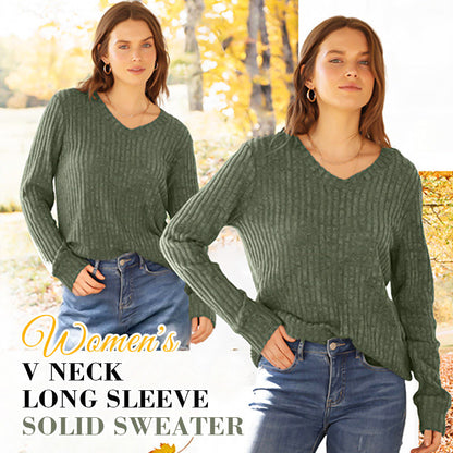 🍂Autumn Hot Sale 49% OFF🔥Women's V Neck Long Sleeve Solid Sweater
