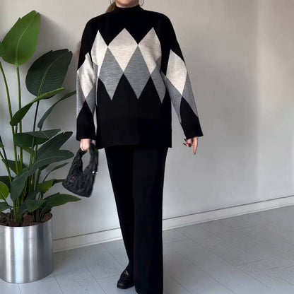 🔥Limited stock available 49% OFF🔥Fashion Color-blocking Rhombus Sweater & Pants Set