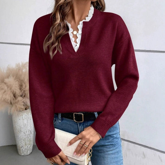 ✨Women's Lace-Trimmed V-Neck Knit Top