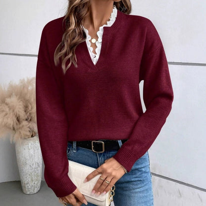 Women's Lace-Trimmed V-Neck Knit Top