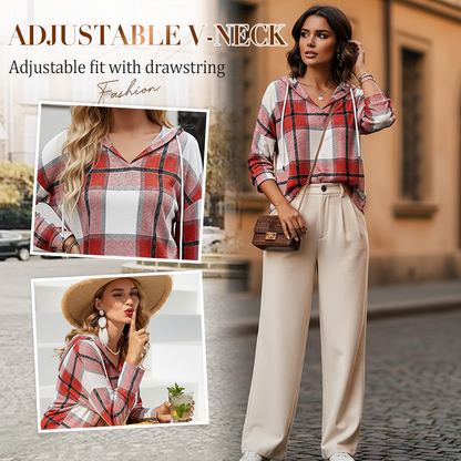 🔥Hot Sale Offers-Women's Plaid Hooded Long Sleeve Drawstring V Neck Shirts