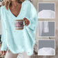 🌸V-Neck Long Sleeve Beaded Decor Oversized Sweater Fluffy Pullover Top