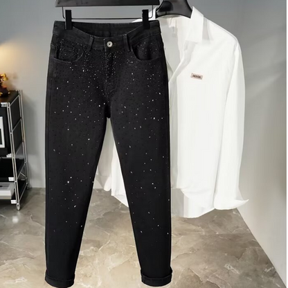 👖 HOT SALE 49% OFF! ✨ Rhinestone Embellished Slim-Fit Black Denim Jeans - Stretch Comfort with Sparkling Waistband for a Dazzling Look 💎🖤