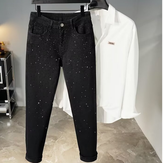 👖 HOT SALE 49% OFF! ✨ Rhinestone Embellished Slim-Fit Black Denim Jeans - Stretch Comfort with Sparkling Waistband for a Dazzling Look 💎🖤