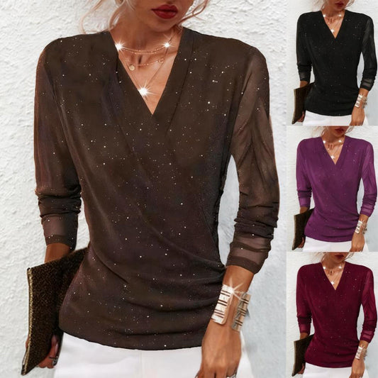 ⚡Black Friday Flash Deal! 🔥Hot Sale Offers-Women's Sparkle Crossover V-Neck Long Sleeve Top Direct 50% Off, This Deal is Epic!