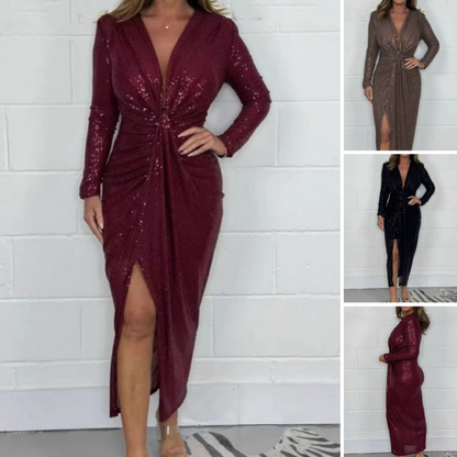 🔥Black Friday Mega Sale🔥Women V-neck Pleated Sequined Slit Elegant Temperament Evening Party Dress